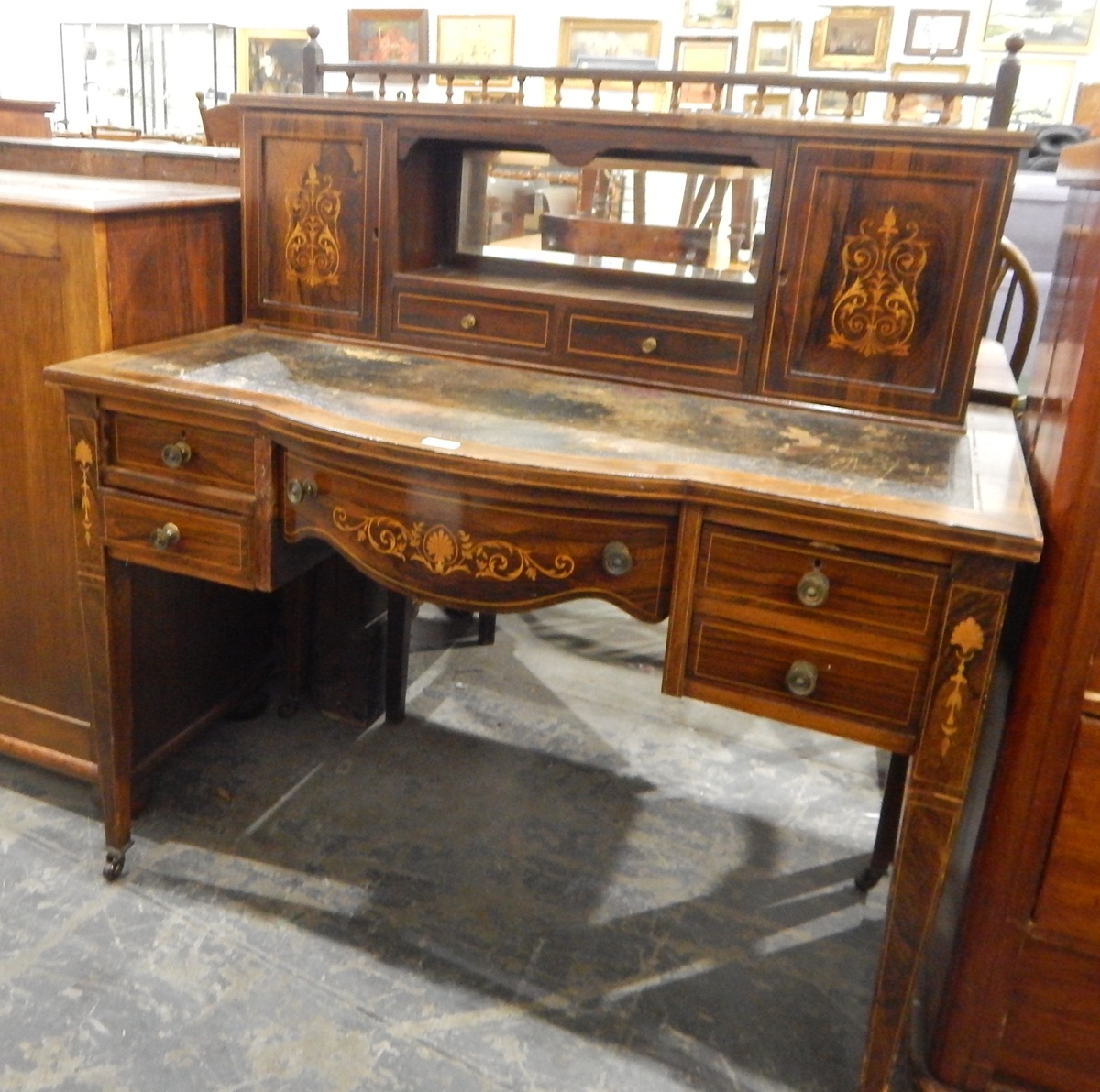 Edwardian lady's inlaid rosewood bowfronted writing desk,