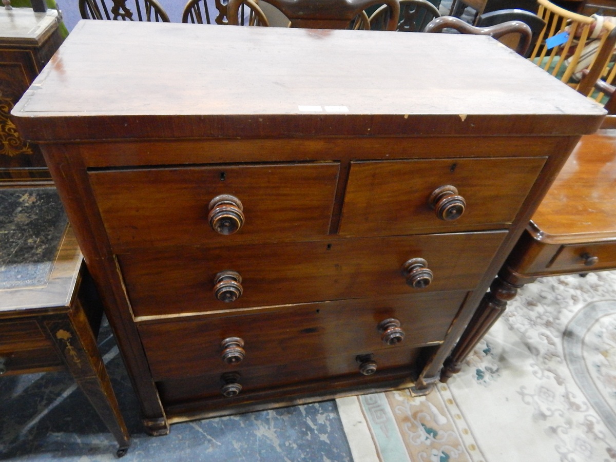 Victorian mahogany veneered chest of two short and three long drawers,