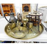 Assorted metalware including a large brass Eastern-style tray, copper kettle, EPNS hot water jug,