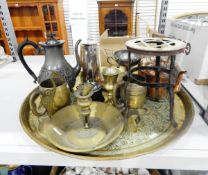 Assorted metalware including a large brass Eastern-style tray, copper kettle, EPNS hot water jug,