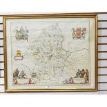 J Blaeu Map of Staffordshire, circa 1645, French text verso, contemporary hand-colouring,