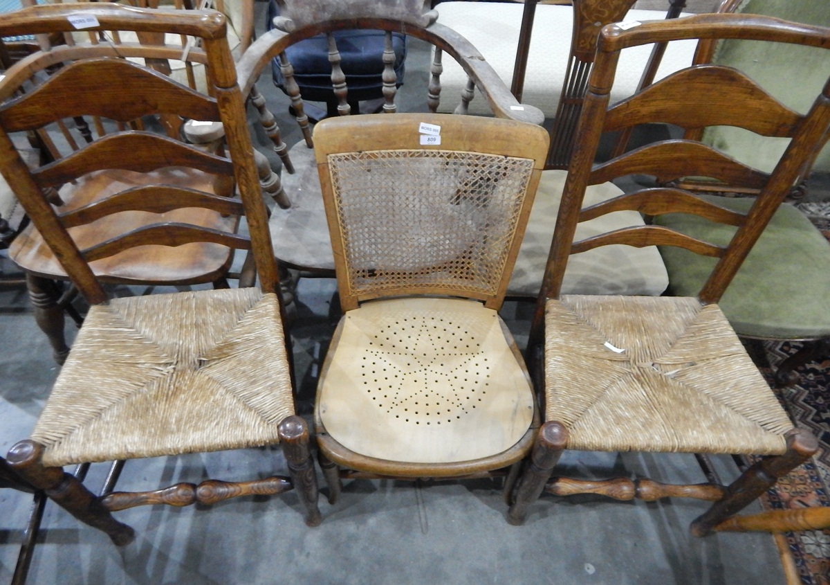 Pair of 19th century oak and elm rush-seated ladderback chairs and two other chairs (4)