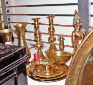 Quantity of brassware including a pair of candlesticks of knopped design, a large brass jam pan,