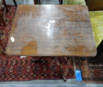 Rectangular mahogany tilt-top table on turned pedestal and tripod supports