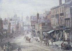 Framed print after Louis Rayner of a busy street,