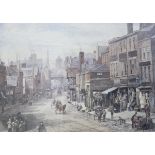 Framed print after Louis Rayner of a busy street,