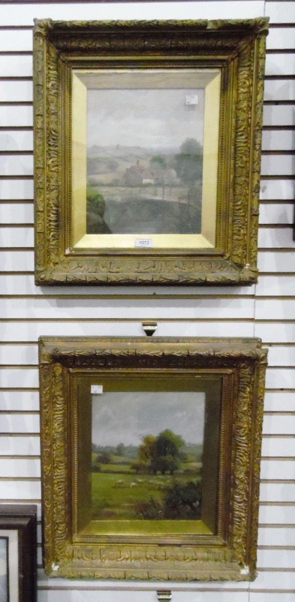 English 20th century school Pair of oils on canvas under glass Country landscape scenes,