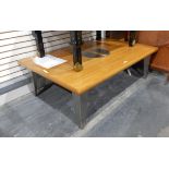 Modern stainless steel and figured wood large low coffee table, rectangular,