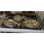 Quantity of silver plated entree dishes and covers,