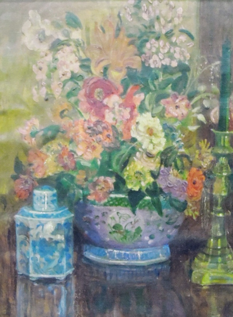 Early 20th century school Oil on canvas Still life of flowers with porcelain ginger jar and bowl,