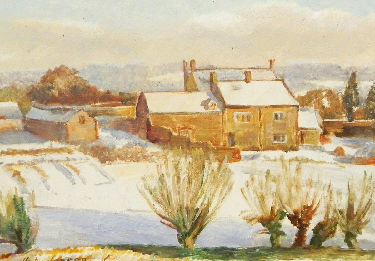H Anderson (20th century school) Oil on board Cottage in a winter landscape, signed lower left,