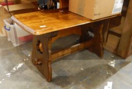 Wooden coffee table with the base/top of a desk and a small white painted half-moon table