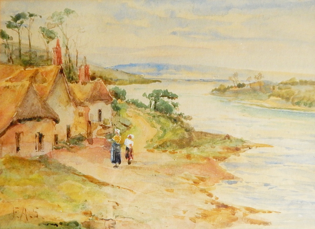 19th century school Watercolour drawing Figures walking along estuary path, initialled 'F.A.