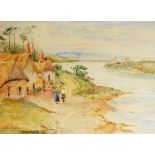 19th century school Watercolour drawing Figures walking along estuary path, initialled 'F.A.