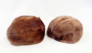 Two mink beret-style hats, a red felt hat marked 'Charter Hat' trimmed with mink,