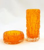 Whitefriars-style orange glass bark-effect cylindrical vase,