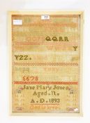 Late 19th century alphabet sampler by Jane Mary Jones, aged 11, 1893,