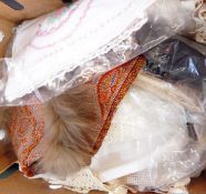 Quantity of assorted linen, hand made lace trimmings, a sewing case,