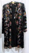 Chinese silk plum blossoms black silk coat, heavily embroidered with flowers, birds of paradise,