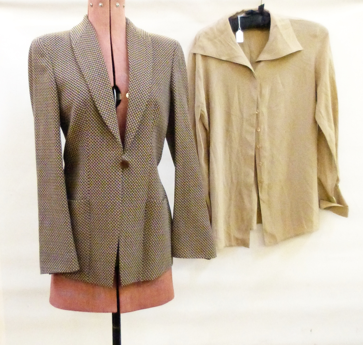 Giorgio Armani brown and cream tweed wool jacket with an Emporio Armani silk blouse and another,