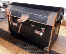 Domed leather travelling trunk with fitted tray, leather trimmed but worn,