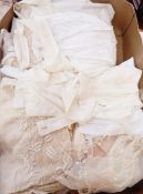 Assorted lace pieces and remnants, an embroidered silk shawl, nylon, cotton and linen aprons, etc.