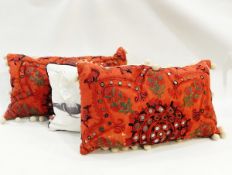 Pair of rectangular cushions with embroidered and mirrored Eastern style material,