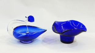 Blue and clear Art glass dish modelled as a bird and a blue glass posy vase (2)