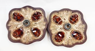 Pair 1960s pottery wall lights, brown glazed, wavy-shaped,