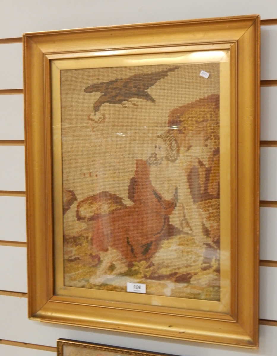 19th century woolwork panel depicting Elijah being fed by a raven, 40cm x 30cm,