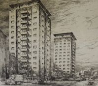 German mid 20th century school Pair of drypoint etchings View of tower blocks in Karlsruhe and a