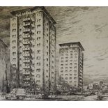 German mid 20th century school Pair of drypoint etchings View of tower blocks in Karlsruhe and a