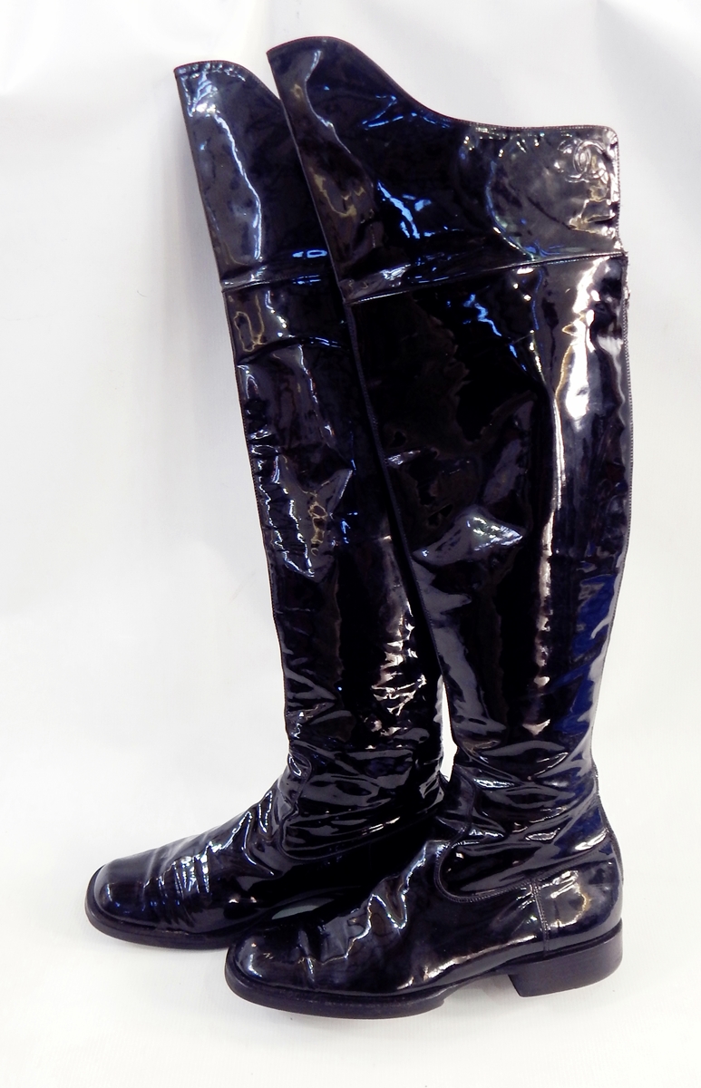Chanel black patent leather over the knee 'Highwayman' boots, Chanel logo, size 37,