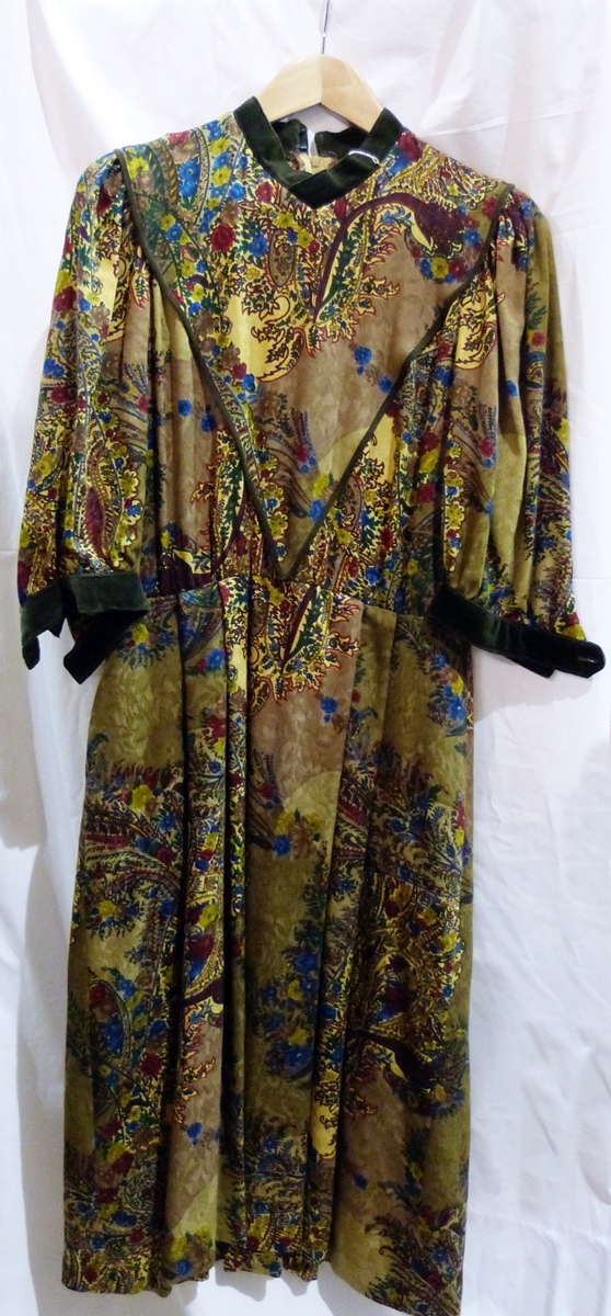 Various 1970's and later dresses including a Jacquard velvet trimmed dress labelled 'Trevise',