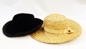 Black velvet hat labelled 'Haute Mode Reine, Paris', a straw hat, a vintage DKNY leather bag,