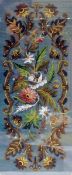 Beaded embroidery on a tapestry background showing flowers and autumn colours, 57cm x 26cm,