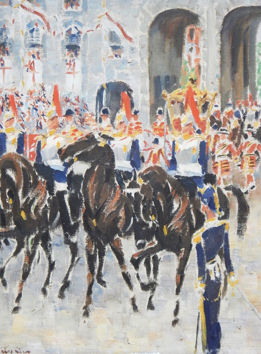 Girwin (20th century school) Oil on board Royal Parade, signed lower left, 44cm x 34.