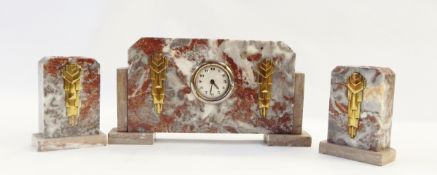 Art Deco style clock garniture in marble case with brass applied wedge-pattern and two brass Art