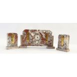 Art Deco style clock garniture in marble case with brass applied wedge-pattern and two brass Art