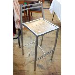 20th century silver coloured metal and wooden inset seat bar stool and a set of four matching