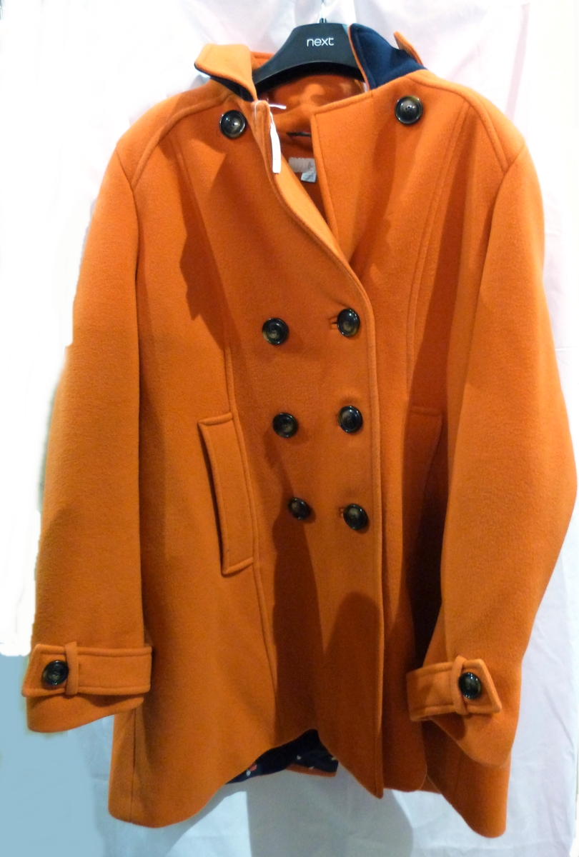 Boden orange wool double-breasted three-quarter length coat with stand-up collar,