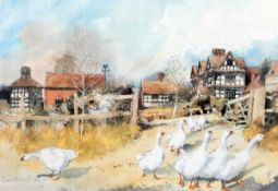 After David Birtwistle (20th century) Pair of colour prints Geese in a village and swans on a