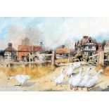 After David Birtwistle (20th century) Pair of colour prints Geese in a village and swans on a