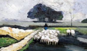 Piet van Ost (Belgium, 20th century) Oil on canvas Shepherd and flock in landscape,