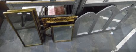 Assorted modern mirrors to include various gilt painted mirrors and a silver-coloured arch-shaped