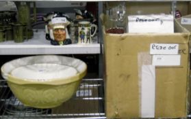 Two large mixing bowls by T&G Green, assorted glassware including decanters, wines, sherries, etc.