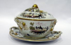 Sceaux faience circular sauce tureen with stand and cover,