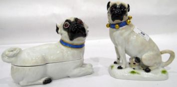 Meissen model pug with blue collar, with blue cross-swords mark to base, No.