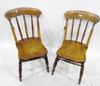 Set of five late 19th century beech and elm seated turned spindle back kitchen chairs on turned