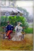 Filippo Baratti (Italian, 19th century) Watercolour drawing Figures seated on a park bench,